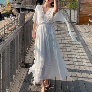 Vestido ricamato Bohemian High Waist Sexy Backless Dress Signora Signora Manica Donne Bianco Beach Summer Dresses Femminile Robes 210520