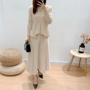 Tianpei Kış Giydirme Miyake Pileli İki Parçalı Kıyafetler Artı Boyutu Lounge Giymek Uzun Maxi Estetik Etek 211106