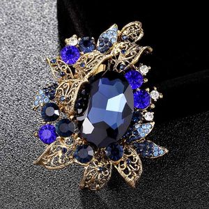 Pins, Broşlar Antik Altın Vintage Çiçek Takı Düğün Rhinestone Pin Broş Gelin Kostüm Yaka Blue Broches Bijou