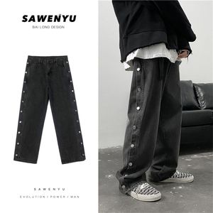 Двойная боковая кнопка прямые джинсы мужские модные улицы Свободные повседневные хип-хоп брюки широкие ноги Harajuku грузовые штаны 211108