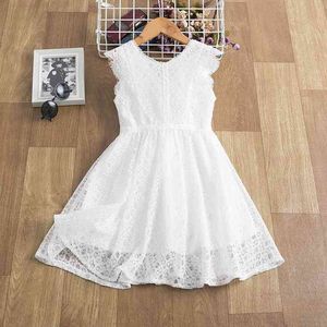 Sommer koreanische Spitze Mädchen Kleid für Kinder weiße Baumwolle Cuasal Strand kleine Kleinkind Kinder 210529