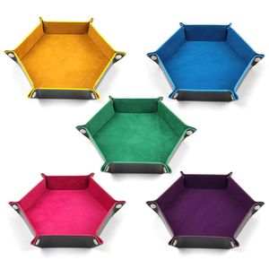 23 Colors Foldable Dice Game Tray Outdoor Games Accessory PU Leather Folding Hexagon Coin Square Tray Velvet Cloth Dice Plate Desktop Storage Box