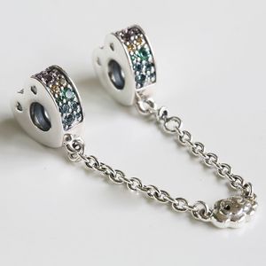 925 Sterling Silber Arcs of Love Regenbogenfarbener Sicherheitsketten-Charm passend für europäische Schmuckperlenarmbänder im Pandora-Stil