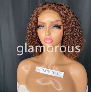 Короткие kinky Curly 4x4 кружевные парики для женщин бразильские реми человеческие волосы предварительно сорванные естественным цветным коричневым цветом