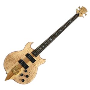 Fábrica Outlet-4 Strings Natural Mahogany Electric Bass Guitar com folheado de plátano acolchoado, pescoço através do corpo