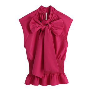 Мода талия эластичные красные блузки женщины винтажные галстуки галстука бабочка воротник без рукавов женские рубашки шикарные вершины 210430
