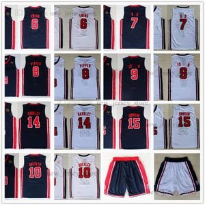 1992 Takım Basketbol Formaları 6 Patrick 8 Scottie Ewing Pippen 10 Clyde 14 Charles Drexler Barkley 15 Johnson Jersey Dikişli Mavi Beyaz Şort Özel XS-6XL erkek gençlik