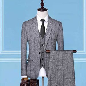 Новые три штуки Проверить Костюм для мужчин Свадебный заказ Высокий дизайн Банкет Мужской Blazer Skinny Плед Мужской Жилет Куртка Мода Стиль X0909