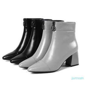 Wholesale-botas isnom high saltos mulheres tornozelo apontado toe zip calçados couro genuíno boot feminino sapatos de moda mulher