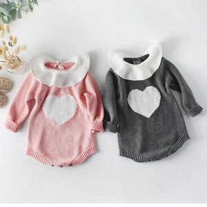 0-2YRS Bebek Kız Tulum Giysileri Bodysuit Uzun Kollu Seven Kalp Bebek Yaka Örgü Bebek 210429