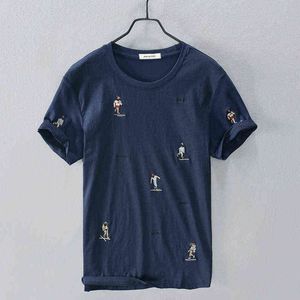 Verão moda homens manga curta pulôver pessoas dos desenhos animados bordado de alta qualidade algodão t-shirt de linho japão harajuku premium tees h1218