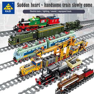 Original KAZI elektrische Schiene Stadtzug Bausteinmodell mit Licht und Ton Kinder zusammengebaut Junge Spielzeug Geburtstagsgeschenk Q0624