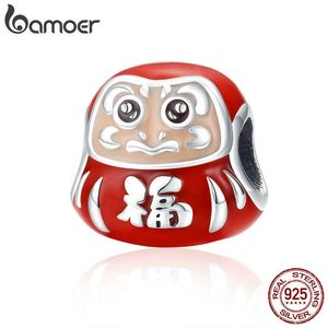 Bamoer 100% 925 Ayar Gümüş Japonya Daruma Kırmızı Emaye Boncuk Fit Charms Kadınlar Bilezikler Takı Yapımı SCC1087