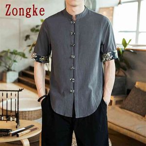 Zongke Yaz Rahat Kısa Kollu Gömlek Erkekler Çin Tarzı Pamuk Keten Yarım Erkek Giyim Marka M-5XL 210809