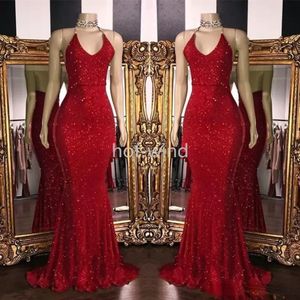 2022 New Sparkly Red Paillettes Abiti da ballo Halter Mermaid Abiti lunghi da ballo Low Back Arabo Party Dress BC1085 EE