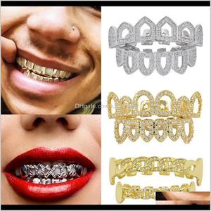 Grillz, Body Drop Delivery 2021 18K Gold Hip Hop Full Diamond Hollow Teeth Grillz Dental Iced Out Fang Grills Braces Tooth Cap Vampire Cospla