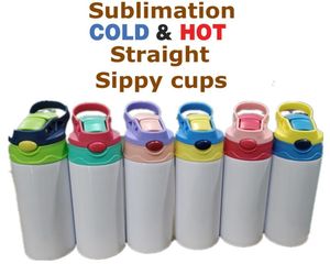 US Stock 12oz Sublimation Straight Sippy Cup Kinder Wasserflasche 350ml Blank weiß Tragbarer vakuumisolierter Edelstahl-Trinkbecher für Kinder 6 Farben