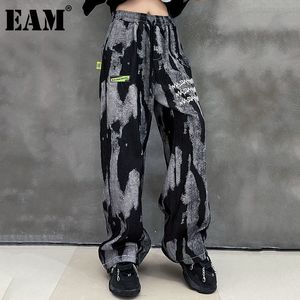 [EAM] Blacktie Boya Yüksek Elastik Bel Geniş Bacak Uzun Pantolon Gevşek Fit Pantolon Kadın Moda İlkbahar Sonbahar 1DD7231 21512