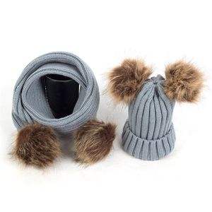 2Pcs Winter New Thick Warm Baby Hat Scarf for Boy Girl Set Cute Double Pompom Kids Children Beanie Scarves for Boys Girls 2596 Q2