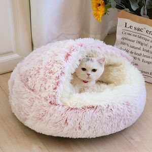 Stock Cat Beds & Furniture Plush Pet Dog Bed House Warm Round Kitten Semi-Enclosed Winter Nest Kennel Cats Sofa Mat Basket Sleeping Bag