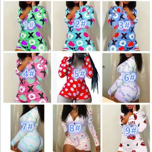 Дизайнерские женщины Pajama Onesies Nightwear Bodysuit Кнопка тренировки тощий горячие печатные комбинезоны V-образным вырезом короткие одновременно Rompers 827