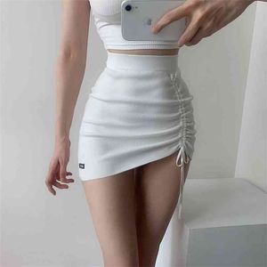 Yüksek Bel Streç Yan İpli Etek Slim Fit Kalça Örgü Kısa Seksi Çok Yönlü Moda Mini Siyah Beyaz Y2K Giysileri 210629