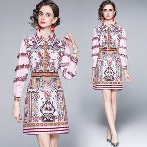 Девушка Бутик наборы рубашки + юбка с длинным рукавом женские печатные оборками двух частей набор 2021 осень новая блузка юбка высококачественная тенденция леди