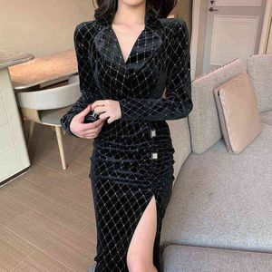Zarif Kadife Uzun Kollu Maxi Elbise Kış Ince Kadınlar Seksi Bölünmüş Elbise Tanımsız Giyim Kadın 2021 Kore Siyah Bodycon Elbise G1214