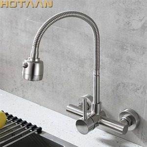 Pulverizador montado na parede Pulverizador Torneira de cozinha Único Handle Dual Holes Sus304 Aço Inoxidável Mangueira Flexível Cozinha Misturador Taps 6032 211108