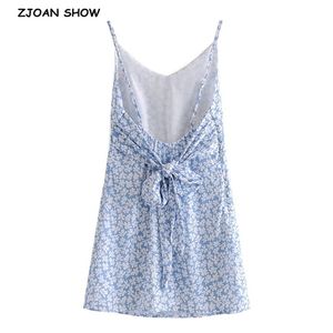 Yaz Çiçek Baskı Backless Yay Düğümlü Mavi Mini Elbise Retro Seksi Kadınlar Bağlantı Yukarı Sling Elbiseler Tatil 210429