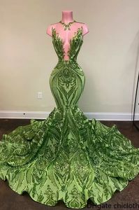 NOVO! 2022 Vestidos de formatura africanos sereia verde oliva com lantejoulas brilhantes Vestido longo de formatura preto para meninas Tamanho grande Vestidos de noite formais