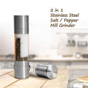 Yüksek kalite 2 in 1 paslanmaz çelik manuel biber tuz baharat değirmeni değirmeni mutfak baharat pişirme araçları destek Toptan 210611