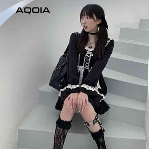 Bahar Lolita Tarzı Kadın Elbise Tatlı Ruffles Uzun Kollu Kare Yaka Moda Cosplay Bayanlar Hizmetçi Mini ES 210521