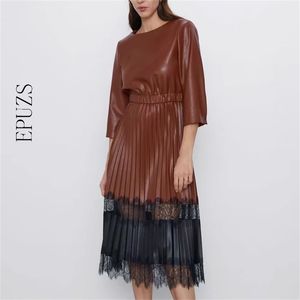 Vintage Dantel PU Deri Elbise Kadın Kış O Boyun Pileli Midi Casual Bayan ES Korece Vestidos 210521