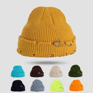 Pin Delik Kore Versiyonu Daire Katı Renk Skullies Kasketleri Sıcak Hip Hop Unisex Elastikiyet Kış Şapka Kayak Kapak Y21111