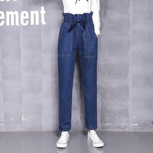 Kadın Denim Harem Pantolon Jeans Lace Up Vintage Gevşek Yüksek Bel Erkek Arkadaşı Artı Boyutu Bahar Kız Ayak Bileği 210428