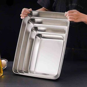 Stainless Steel Rectangular Bakeware Nonstick Pans Fruit Bread Food Storage Trays Plate Kitchen Deep Steamed Dish Baking Tools 211110