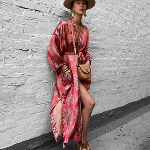 Ayualin Uzun Kollu Kimono Elbiseler Kadınlar Kapak Up Vintage Saten Kırmızı Çiçek Baskı Sonbahar Vestidos Boho Yan Bölünmüş Robe 210714