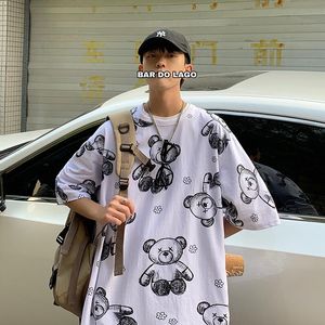 Мужские футболки корейский с коротким рукавом мужчины футболки летний Гонконг стиль пара одежда животных медведь смешные мультфильмы аниме графики негабариты