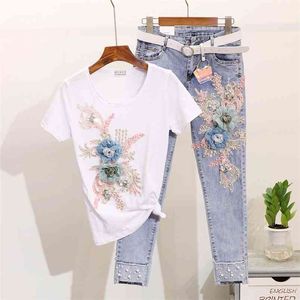 Yaz Kısa Kollu İki Parçalı Set Kadın Ağır İş Nakış 3D Çiçek Tişörtleri + Inci Kot 2 Parça Set Rahat Uzun Pantolon Suit 210721