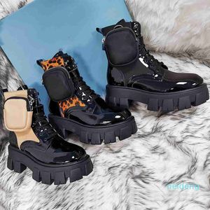 Siyah mat deri savaş botları kadın moda paltform yuvarlak ayak ayak bileği Martins bottes çıkarılabilir çantası kış ayakkabı 3021