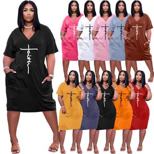 Summer Faith Abiti Donna Plus Size 3XL Abito aderente Manica corta Scollo a V Gonna con tasche Gonne longuette larghe nere casual Abbigliamento all'ingrosso 6898