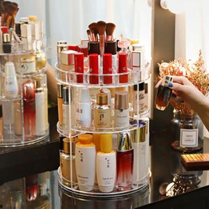 360ﾰ Dönen Kozmetik Organizatör Kutusu Makyaj Tutucu Fırça Ruj Cilt Bakımı Parfüm Saklama Standı Ayarlanabilir Katmanlı Kutular Kutular