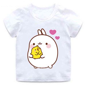KPOP Giysileri Erkek ve Kız Karikatür Molang ve Piupiu T-shirt Baskı Çocuklar Sevimli Tavşan Komik Giysi Çocuk Summe Rahat Gömlek G1224