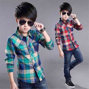 Spring Cotton Kids Clothes Fashion Casual Handsome Shirt for Children blouses Boys Plaid Long Sleeve dress Shirts 210713