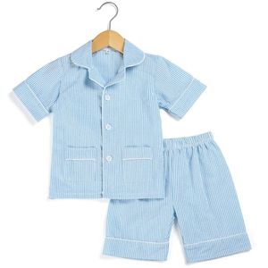 Pamuk Şerit Seersucker Yaz Pijama Setleri Şerit Butik Ev Pijama Çocuklar için 12m-12Years Düğme Yukarı PJS 210915