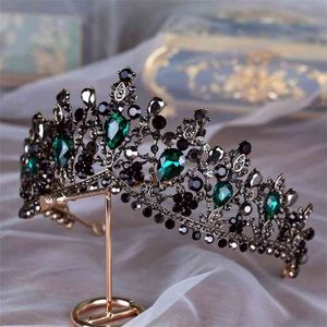 Barok Bronz Siyah Yeşil Kristal Gelin Tiaras Taç Vintage Diadem Gelinler Bantlar Için Düğün Saç Aksesuarları 210707