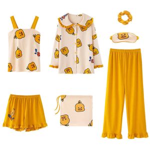 Pijama de pijama de 7 peças Pijama Mujer Pato Amarelo para Mulheres Imprimir Padrão Algodão Sexy Feminino Homewear 210924