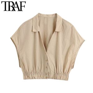 TRAF Moda Fashion Button-Up Acolhedores Acolhedores Blusas Vintage Sem Mangas Mangas Elástico Cama Camisas Blusas Chic Tops 210415