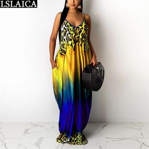 Drop Yensiz Kadın Kolsuz Batik Leopar Baskı Artı Boyutu için Seksi Uzun Elbiseler Moda Sling Elbise Yaz 210515